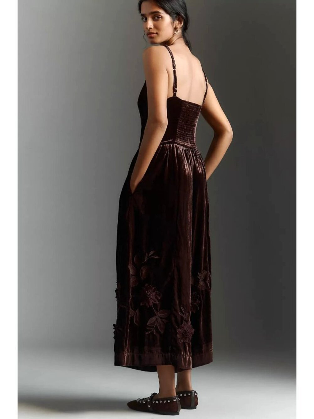 By Anthropologie 3D Floral Velvet Jumpsuit Brown 16 - Picture 2 of 4